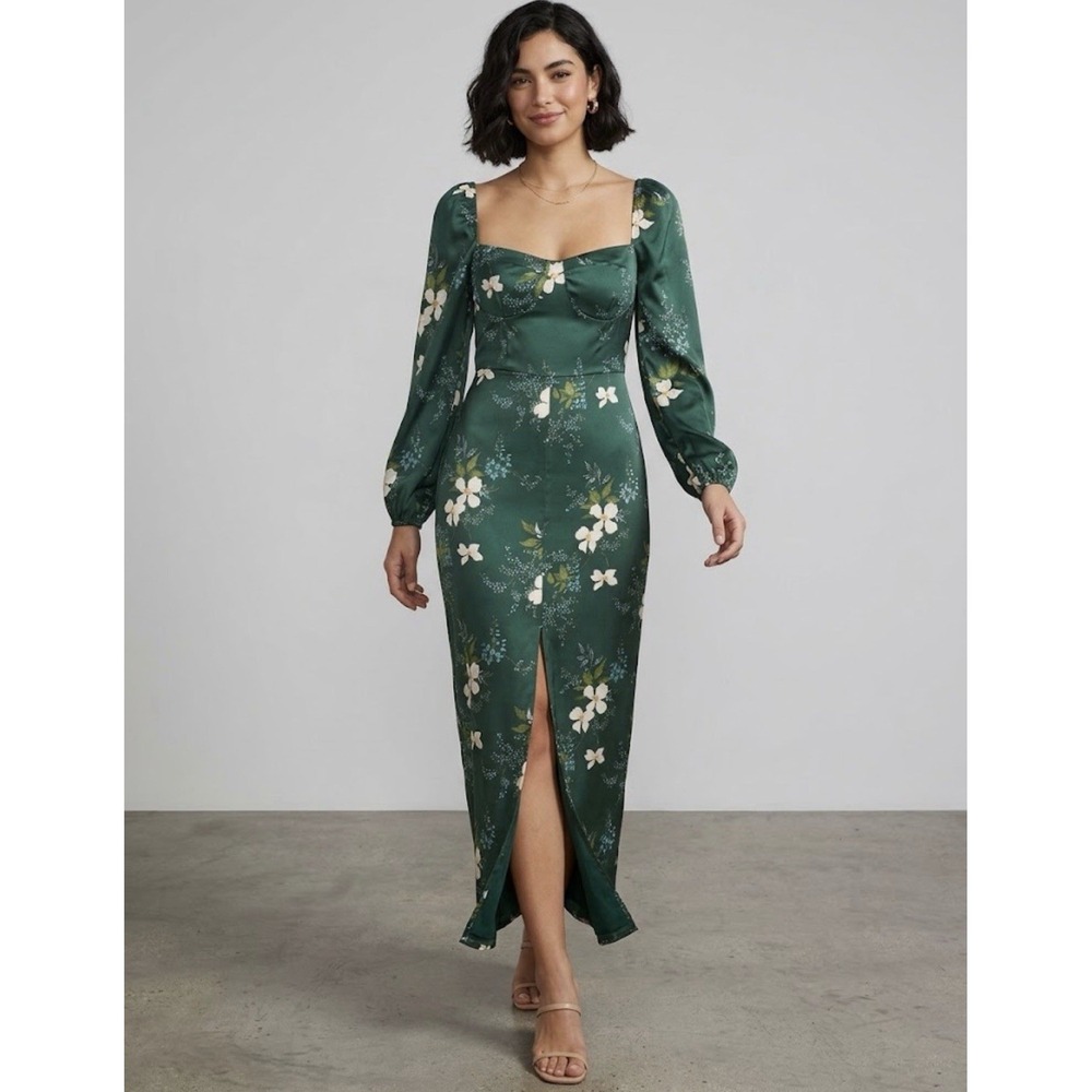 Reformation Long Sleeve Sweatheart Satin Dress In Twilight Floral Green Sz 4 NWT